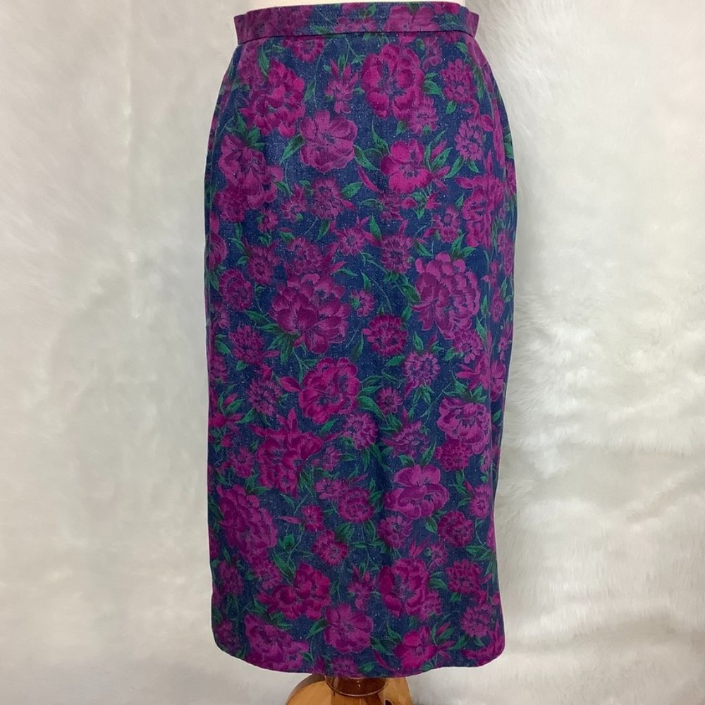 Vintage Blue & Pink Floral Marion Store Ginza Tokyo Japan Pencil Skirt M